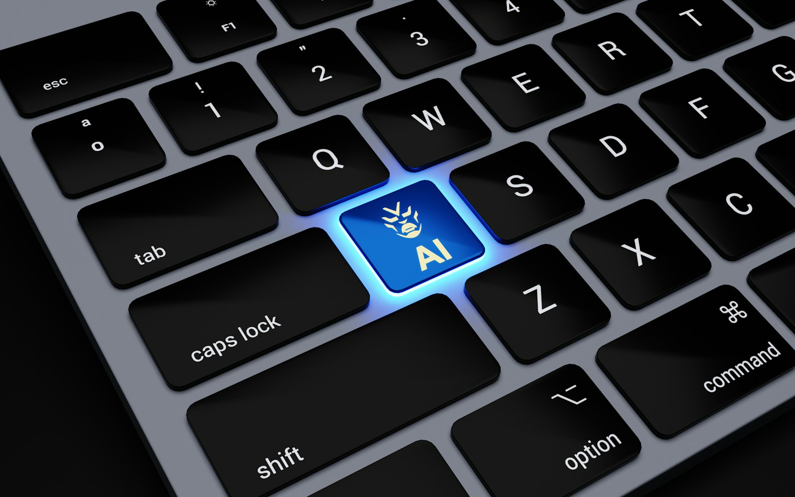 tecla azul brillante de inteligencia artificial en teclado, simbolizando IA aplicada al aprendizaje de inglés